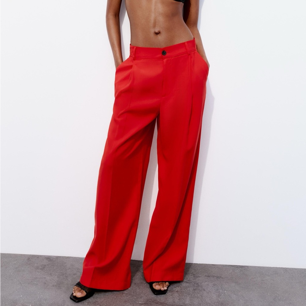 Zara Red Wide Leg Pants High Waisted - NEW